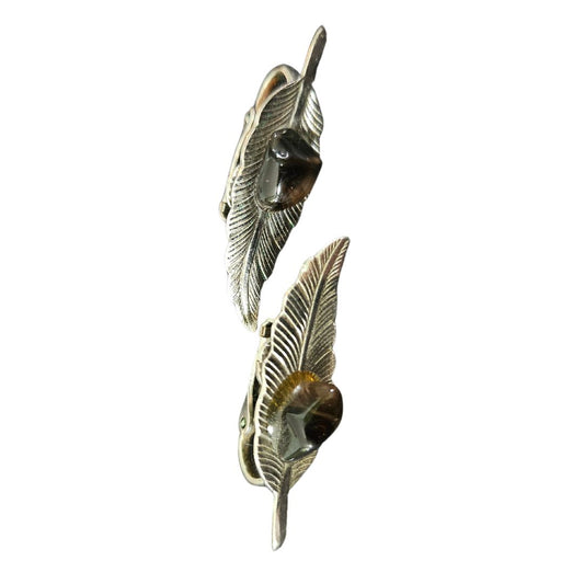 Clip Silver Stone Leaf Earrings